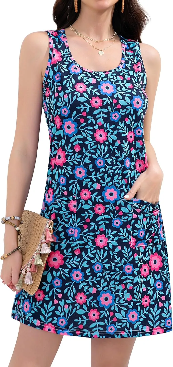 Summer Dresses for Women 2025 Beach Vacation Casual Loose Sleeveless T Shirt Dress Floral Sundresses with Pockets