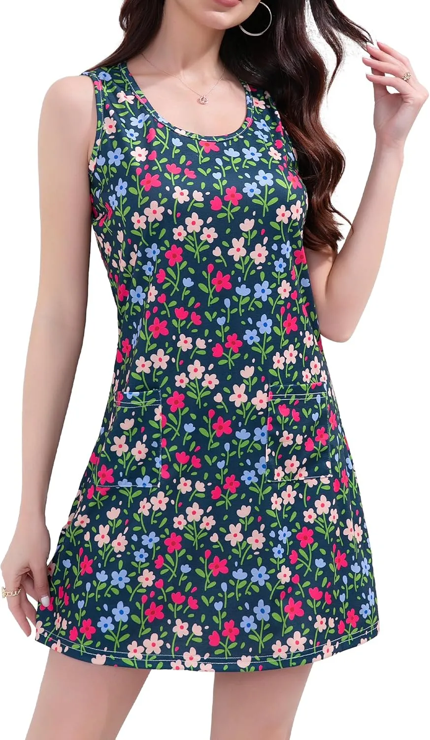 Summer Dresses for Women 2025 Beach Vacation Casual Loose Sleeveless T Shirt Dress Floral Sundresses with Pockets