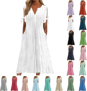 Summer Dresses for Women 2025,Cold Shoulder Eyelet Dress v Neck Boho Casual Beach Vacation Spring Maxi Dresses