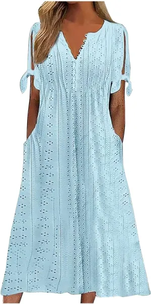 Summer Dresses for Women 2025,Cold Shoulder Eyelet Dress v Neck Boho Casual Beach Vacation Spring Maxi Dresses