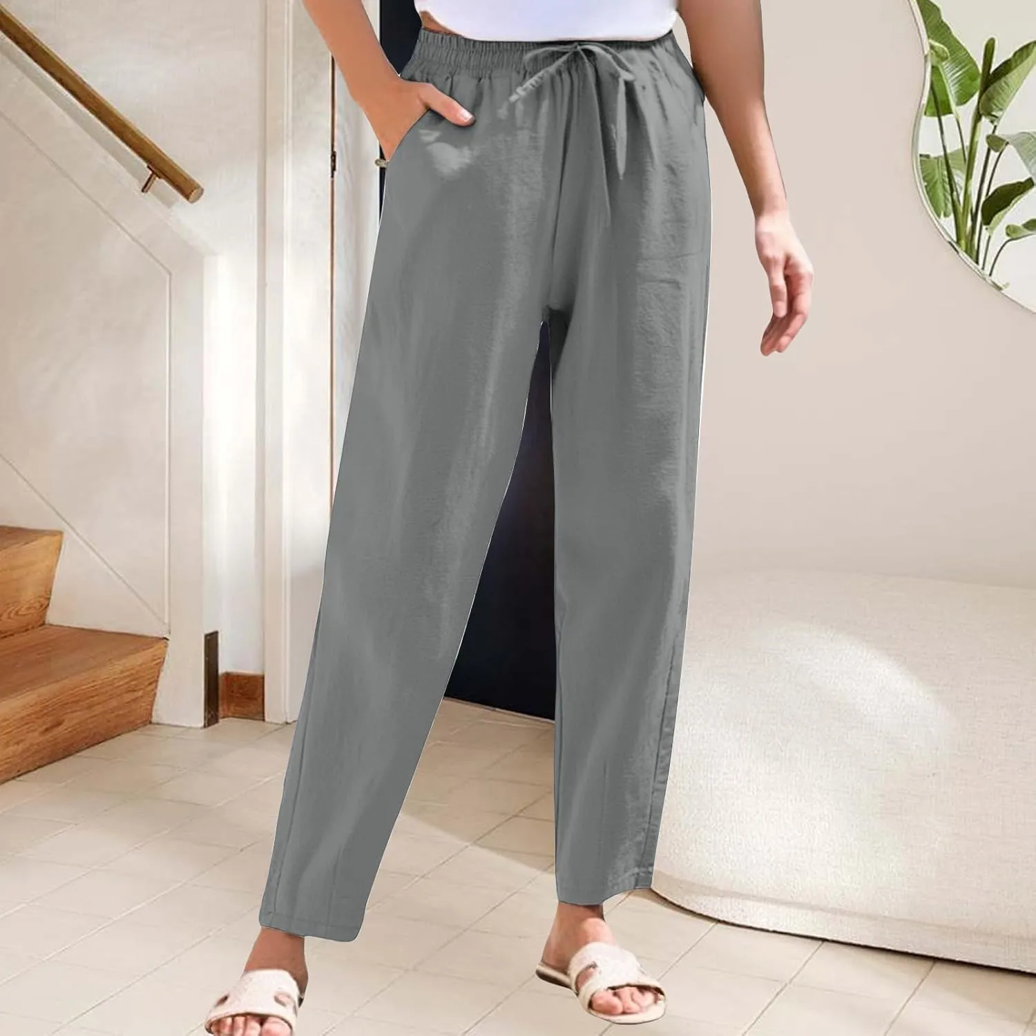 Summer Linen Pants for Women Casual High Waisted Straight Pant Baggy Breathable Elastic Drawstring Lounge Trousers