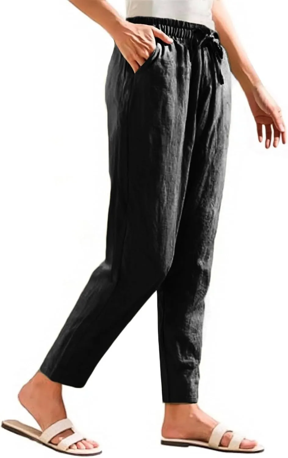 Summer Linen Pants for Women Casual High Waisted Straight Pant Baggy Breathable Elastic Drawstring Lounge Trousers