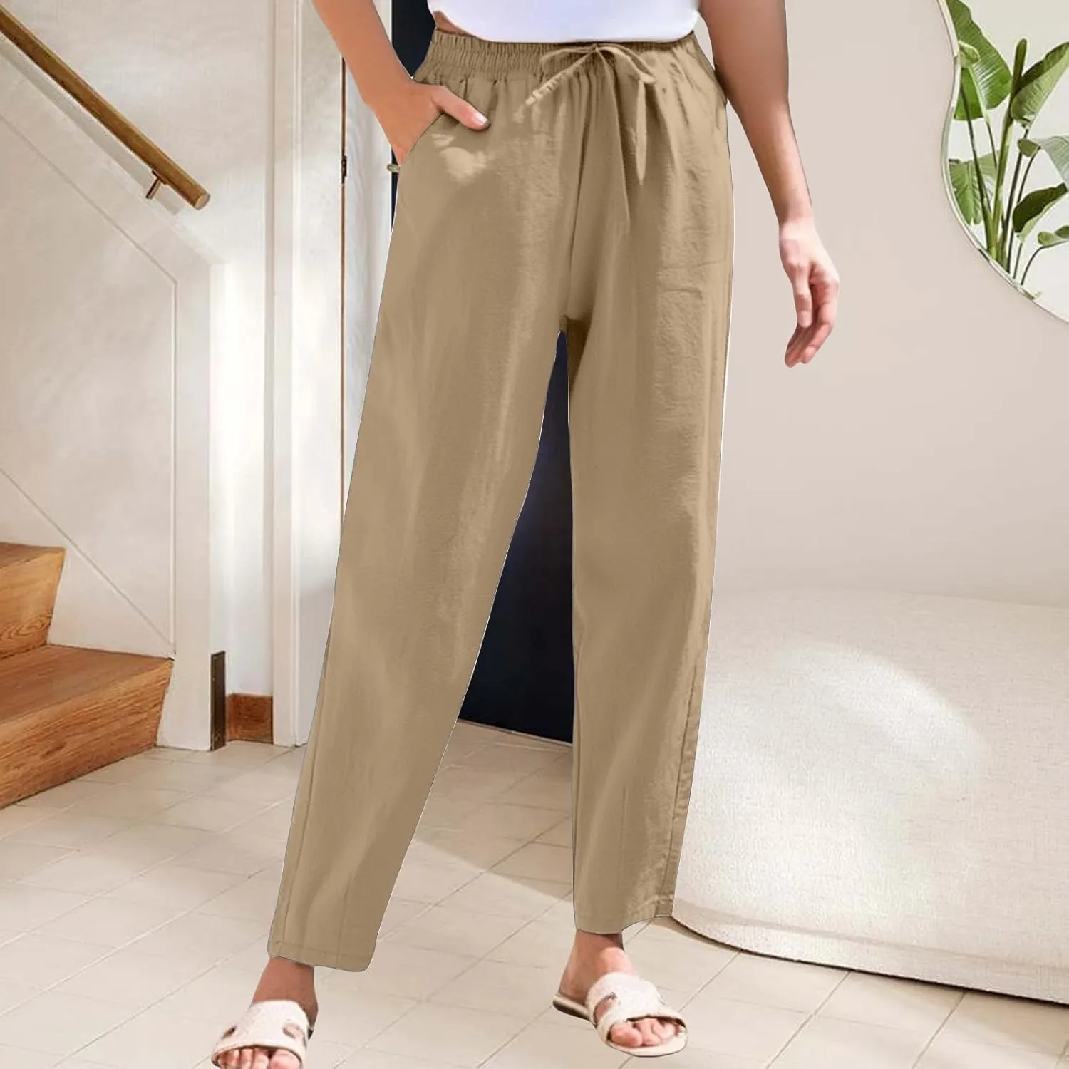 Summer Linen Pants for Women Casual High Waisted Straight Pant Baggy Breathable Elastic Drawstring Lounge Trousers