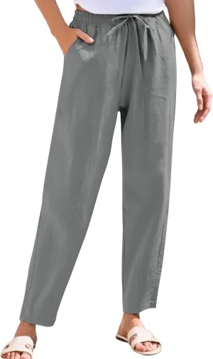 Summer Linen Pants for Women Casual High Waisted Straight Pant Baggy Breathable Elastic Drawstring Lounge Trousers