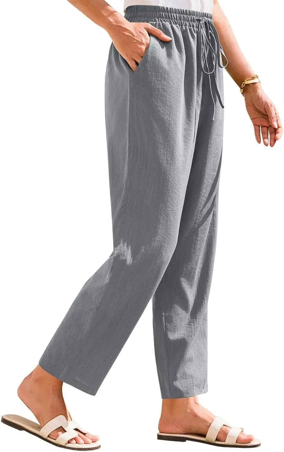 Summer Linen Pants for Women Casual High Waisted Straight Pant Baggy Breathable Elastic Drawstring Lounge Trousers