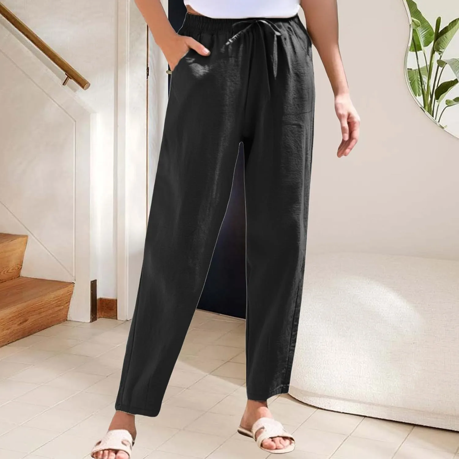Summer Linen Pants for Women Casual High Waisted Straight Pant Baggy Breathable Elastic Drawstring Lounge Trousers