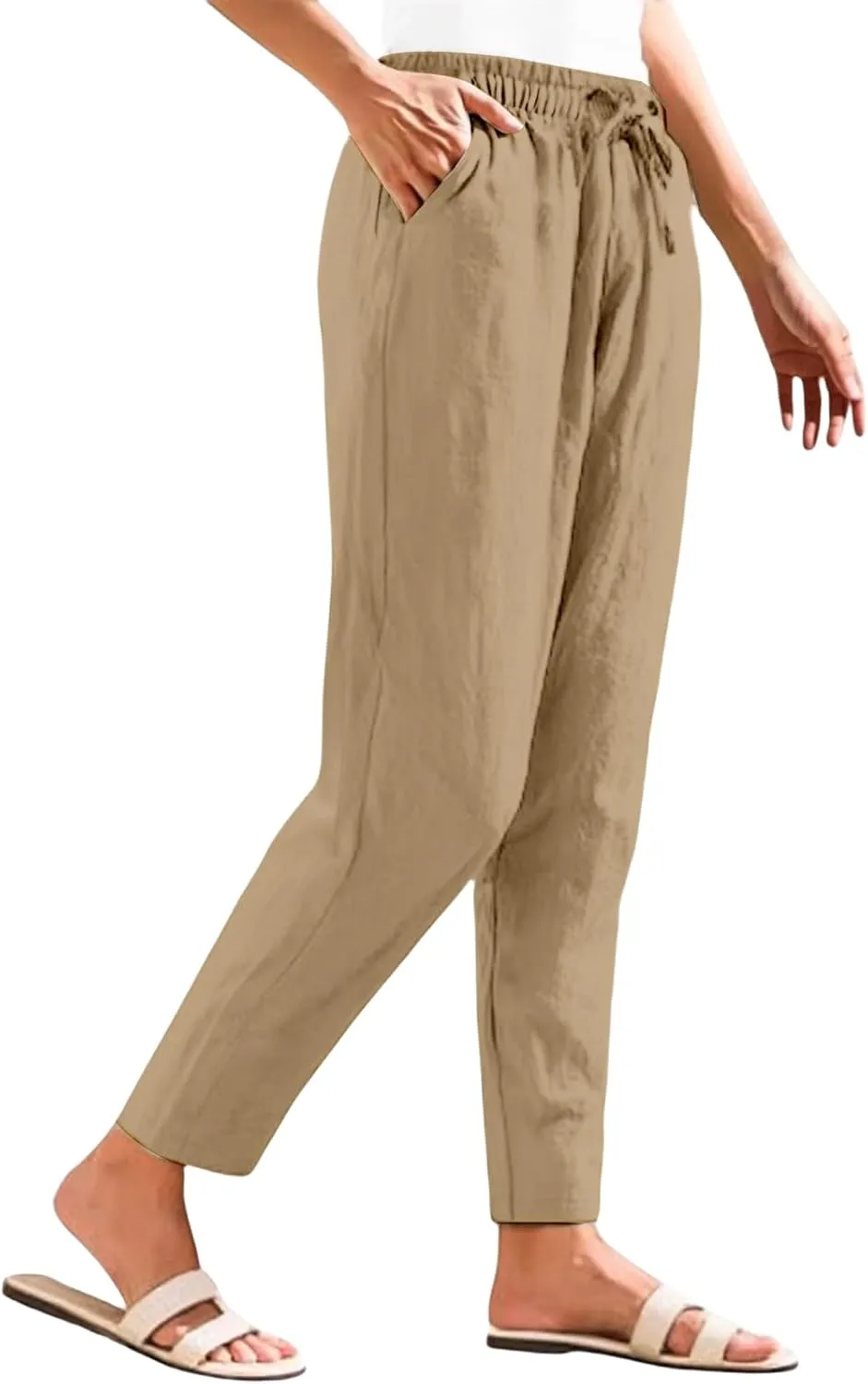 Summer Linen Pants for Women Casual High Waisted Straight Pant Baggy Breathable Elastic Drawstring Lounge Trousers