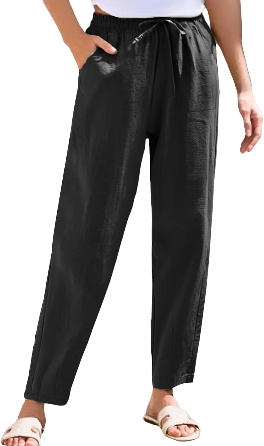 Summer Linen Pants for Women Casual High Waisted Straight Pant Baggy Breathable Elastic Drawstring Lounge Trousers