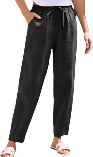 Summer Linen Pants for Women Casual High Waisted Straight Pant Baggy Breathable Elastic Drawstring Lounge Trousers
