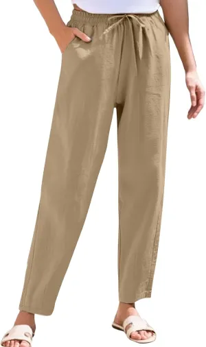 Summer Linen Pants for Women Casual High Waisted Straight Pant Baggy Breathable Elastic Drawstring Lounge Trousers