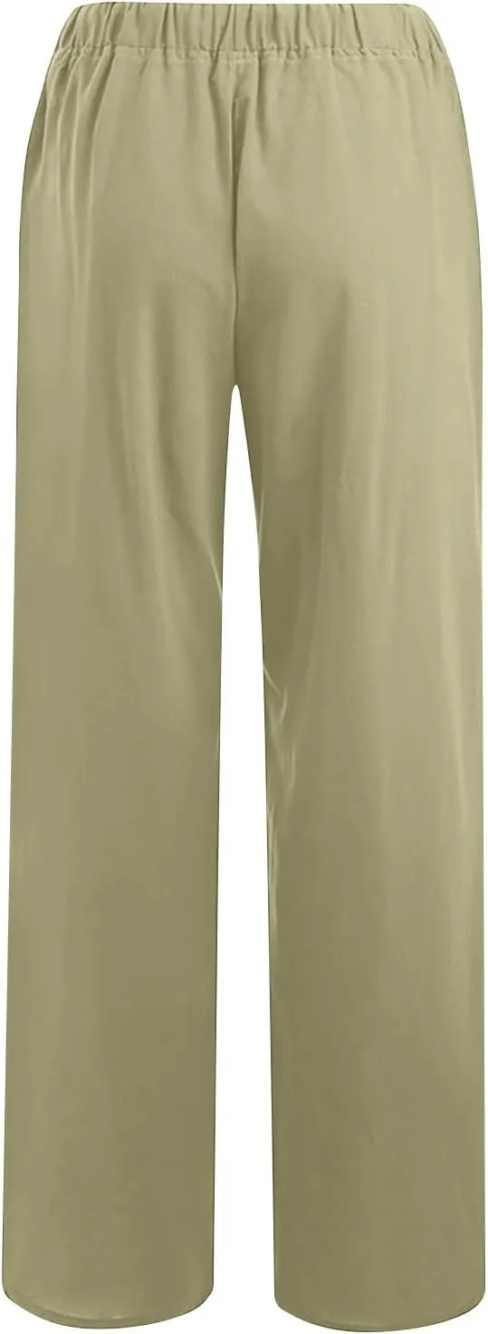 Summer Pants for Women 2024 Flowy High Waisted Solid Wide Leg Pants Cotton Linen Drawstring Trousers with Pockets