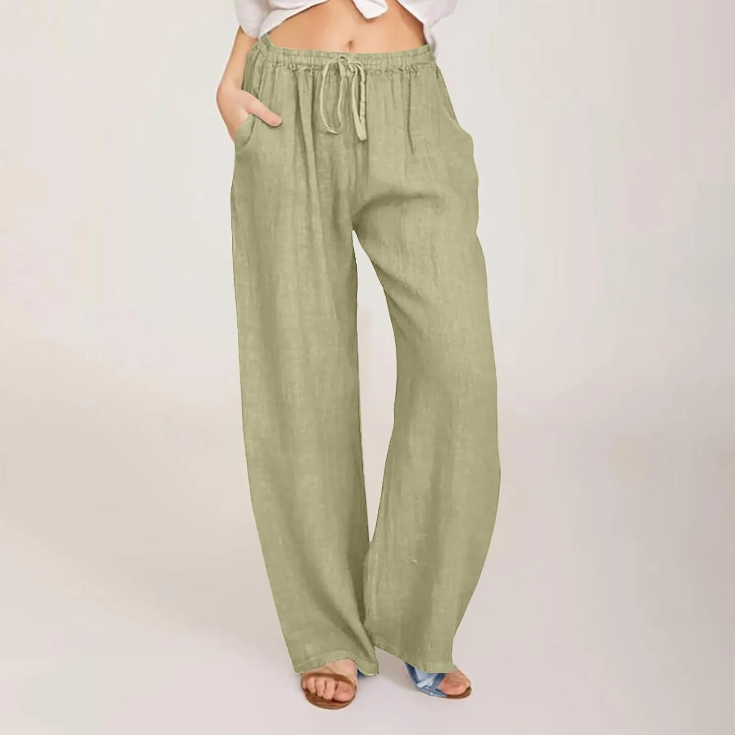 Summer Pants for Women 2024 Flowy High Waisted Solid Wide Leg Pants Cotton Linen Drawstring Trousers with Pockets