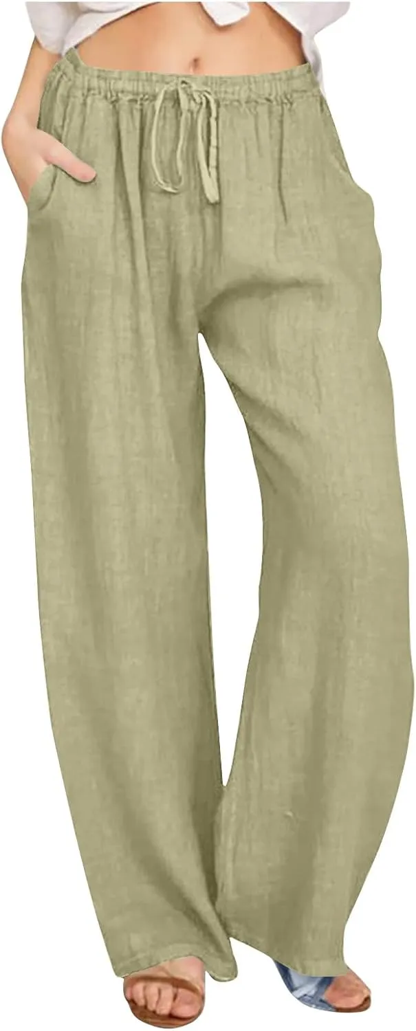 Summer Pants for Women 2024 Flowy High Waisted Solid Wide Leg Pants Cotton Linen Drawstring Trousers with Pockets