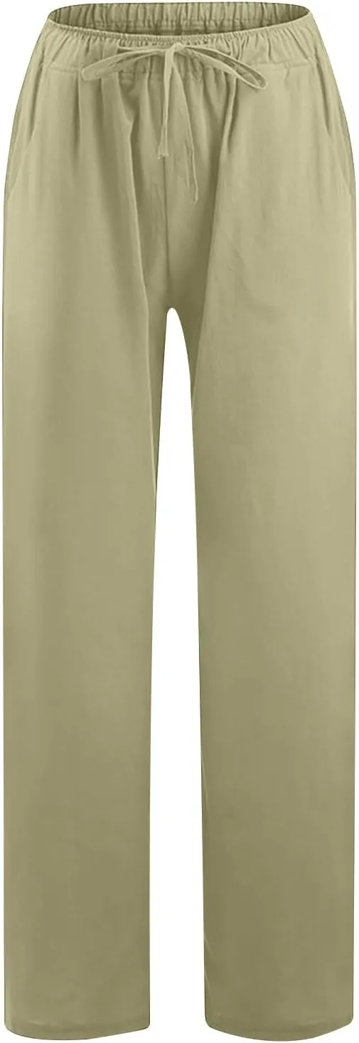 Summer Pants for Women 2024 Flowy High Waisted Solid Wide Leg Pants Cotton Linen Drawstring Trousers with Pockets