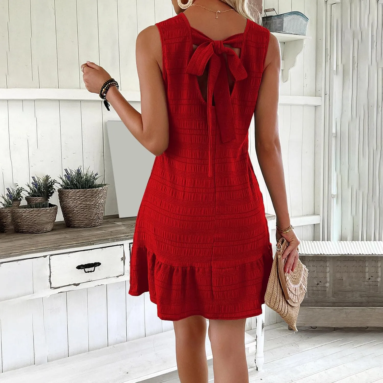 Summer Sleeveless Casual Smock Dresses for Women Ruffle Hem Tunic Shift Mini Tank Dress 2025 Fashion Travel Wear