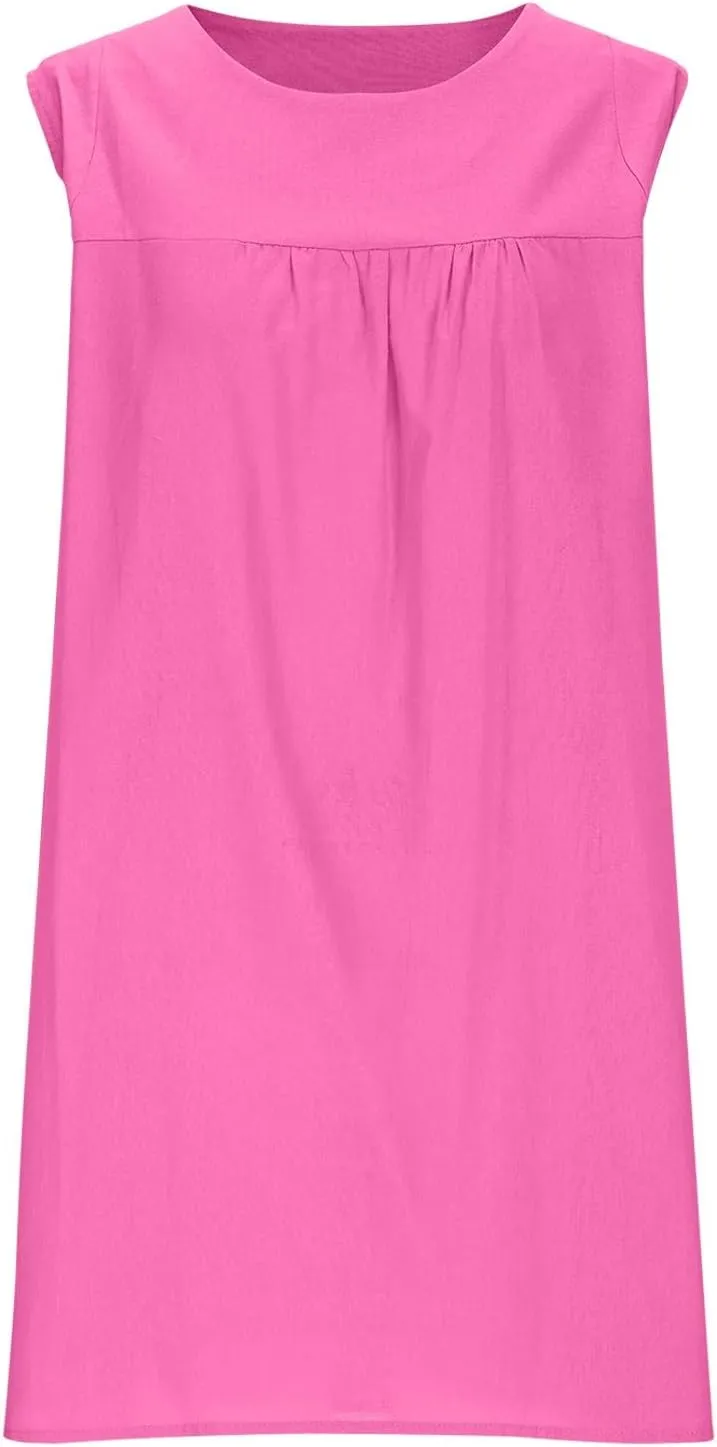 Sun Dresses for Women 2025 Vacation Summer Round Neck Sleeveless Tank Dress Cotton Linen Coverup Mini Dress