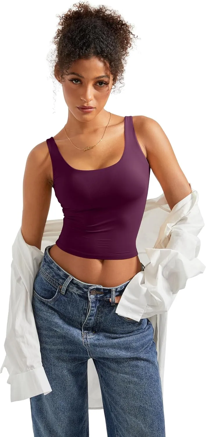SUUKSESS Women Scoop Neck Tank Top Summer Sleeveless Going Out Double Lined Basic Tops