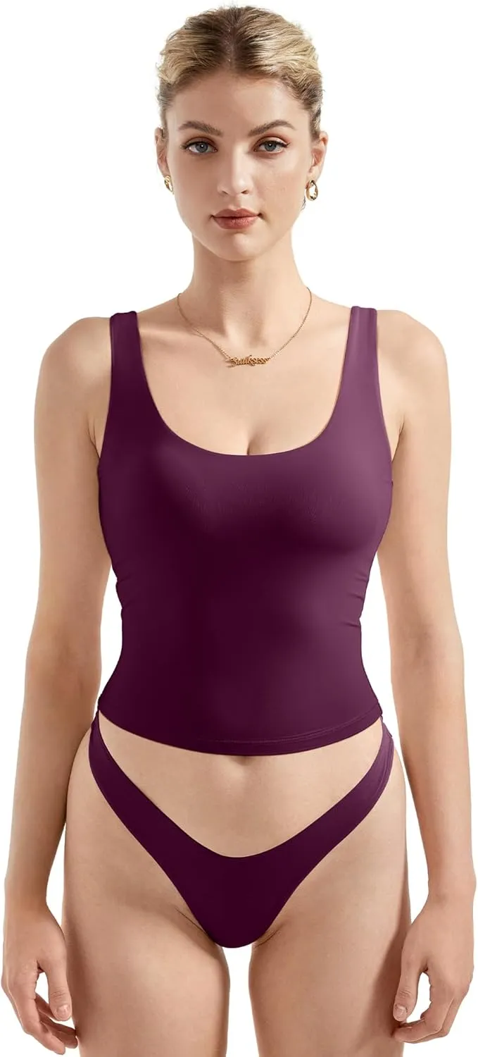 SUUKSESS Women Scoop Neck Tank Top Summer Sleeveless Going Out Double Lined Basic Tops