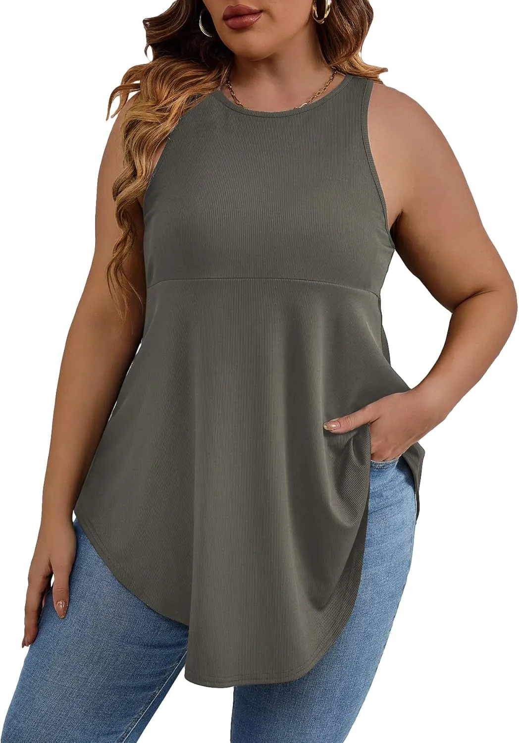 SweatyRocks Women' Loose Sleeveless Solid Color Casual Plain Tank Tops Plus Size Curved Hem Workout Summer Tee Tops