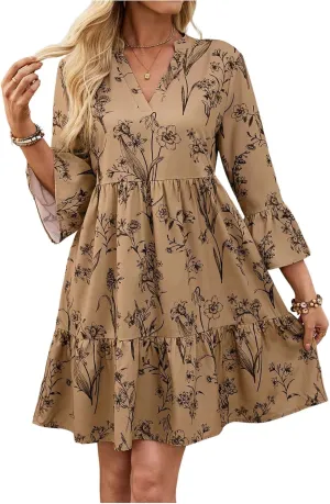SweatyRocks Women's Floral Print Ruffle 3/4 Sleeve Dress V Neck Flared Flowy Vacation Mini Dresses