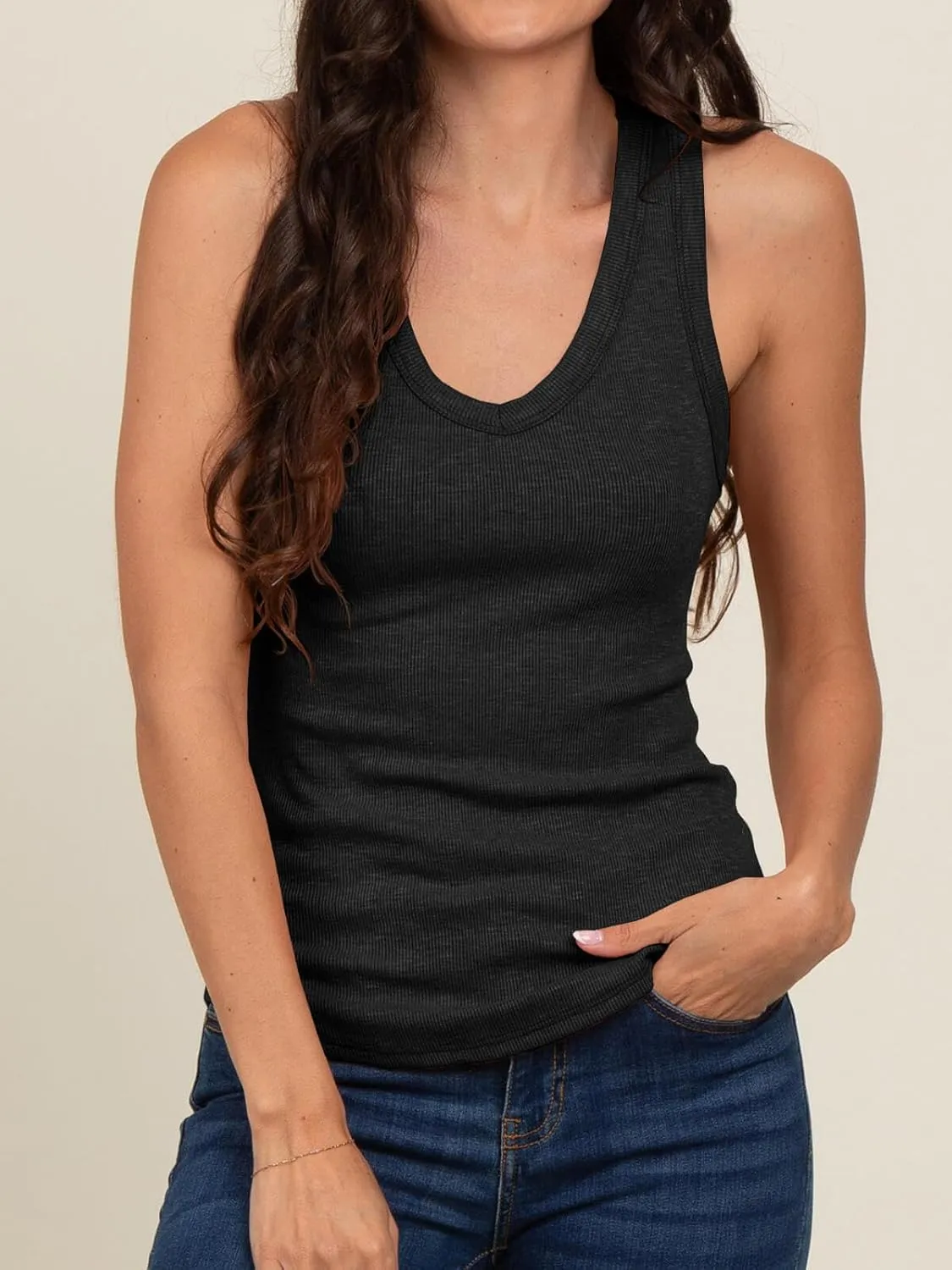 Tankaneo Womens Maternity Tank Tops Sleeveless V Neck Ribbed Knit Shirts Fitted Summer Casual Curved Hem Pregnancy Clothes