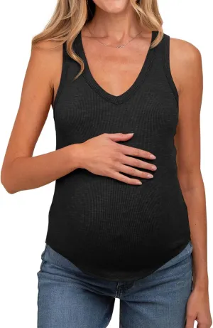 Tankaneo Womens Maternity Tank Tops Sleeveless V Neck Ribbed Knit Shirts Fitted Summer Casual Curved Hem Pregnancy Clothes