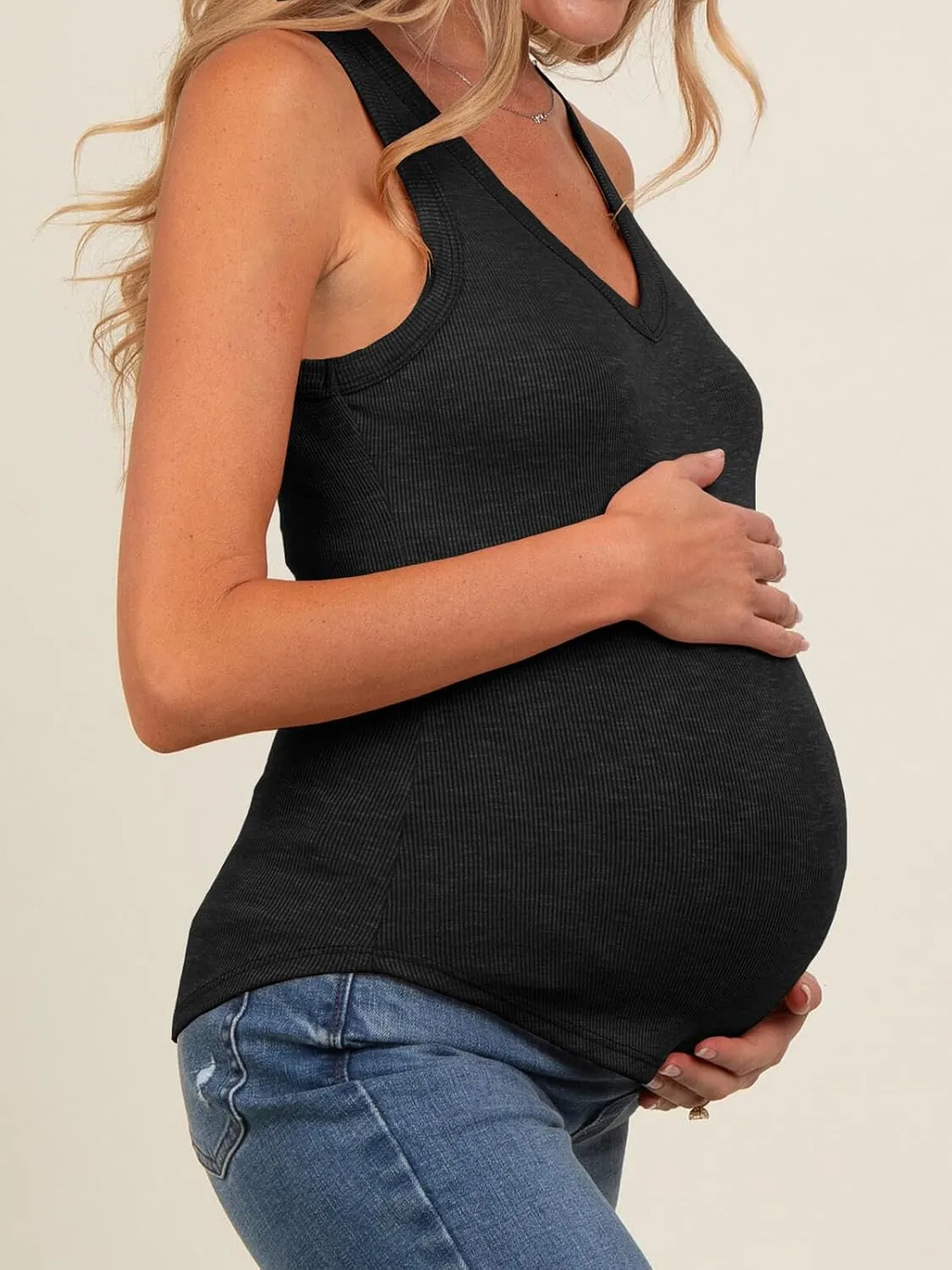 Tankaneo Womens Maternity Tank Tops Sleeveless V Neck Ribbed Knit Shirts Fitted Summer Casual Curved Hem Pregnancy Clothes