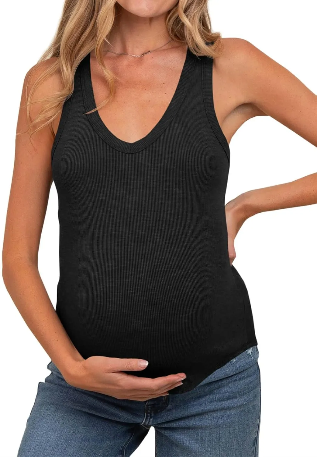 Tankaneo Womens Maternity Tank Tops Sleeveless V Neck Ribbed Knit Shirts Fitted Summer Casual Curved Hem Pregnancy Clothes