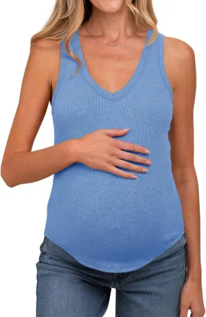 Tankaneo Womens Maternity Tank Tops Sleeveless V Neck Ribbed Knit Shirts Fitted Summer Casual Curved Hem Pregnancy Clothes