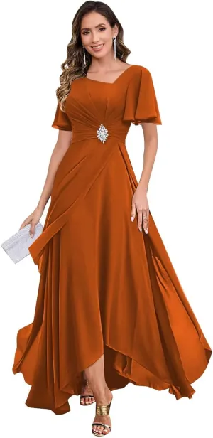 Tea Length Mother of The Bride Dresses for Women Chiffon Ruched Beaded Ruffles A-Line Formal Wedding Guest Dress