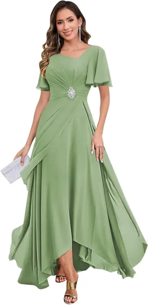 Tea Length Mother of The Bride Dresses for Women Chiffon Ruched Beaded Ruffles A-Line Formal Wedding Guest Dress