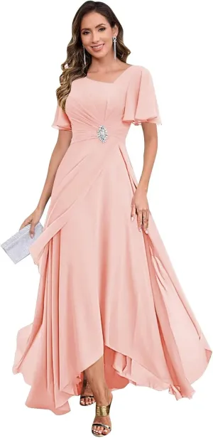 Tea Length Mother of The Bride Dresses for Women Chiffon Ruched Beaded Ruffles A-Line Formal Wedding Guest Dress