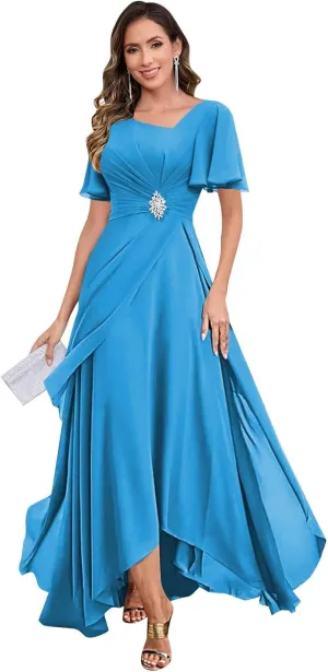 Tea Length Mother of The Bride Dresses for Women Chiffon Ruched Beaded Ruffles A-Line Formal Wedding Guest Dress