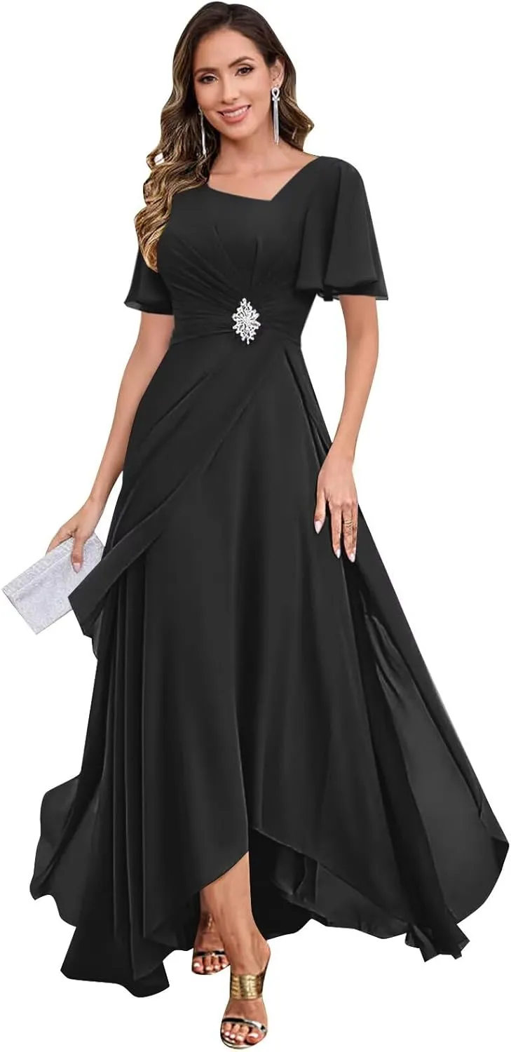 Tea Length Mother of The Bride Dresses for Women Chiffon Ruched Beaded Ruffles A-Line Formal Wedding Guest Dress