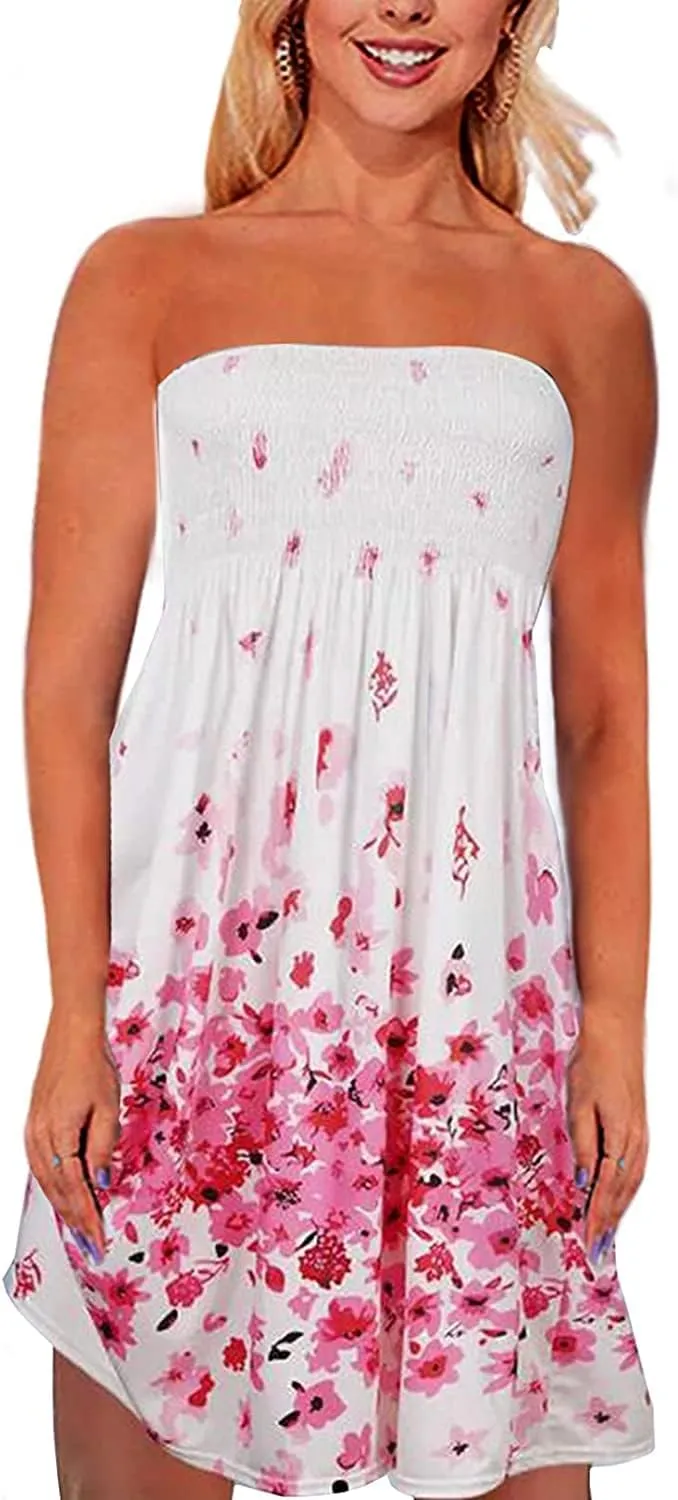 TICBRY Tube Dress for Womens Summer Beach Casual Strapless Boho Smocked Cover Ups Dress