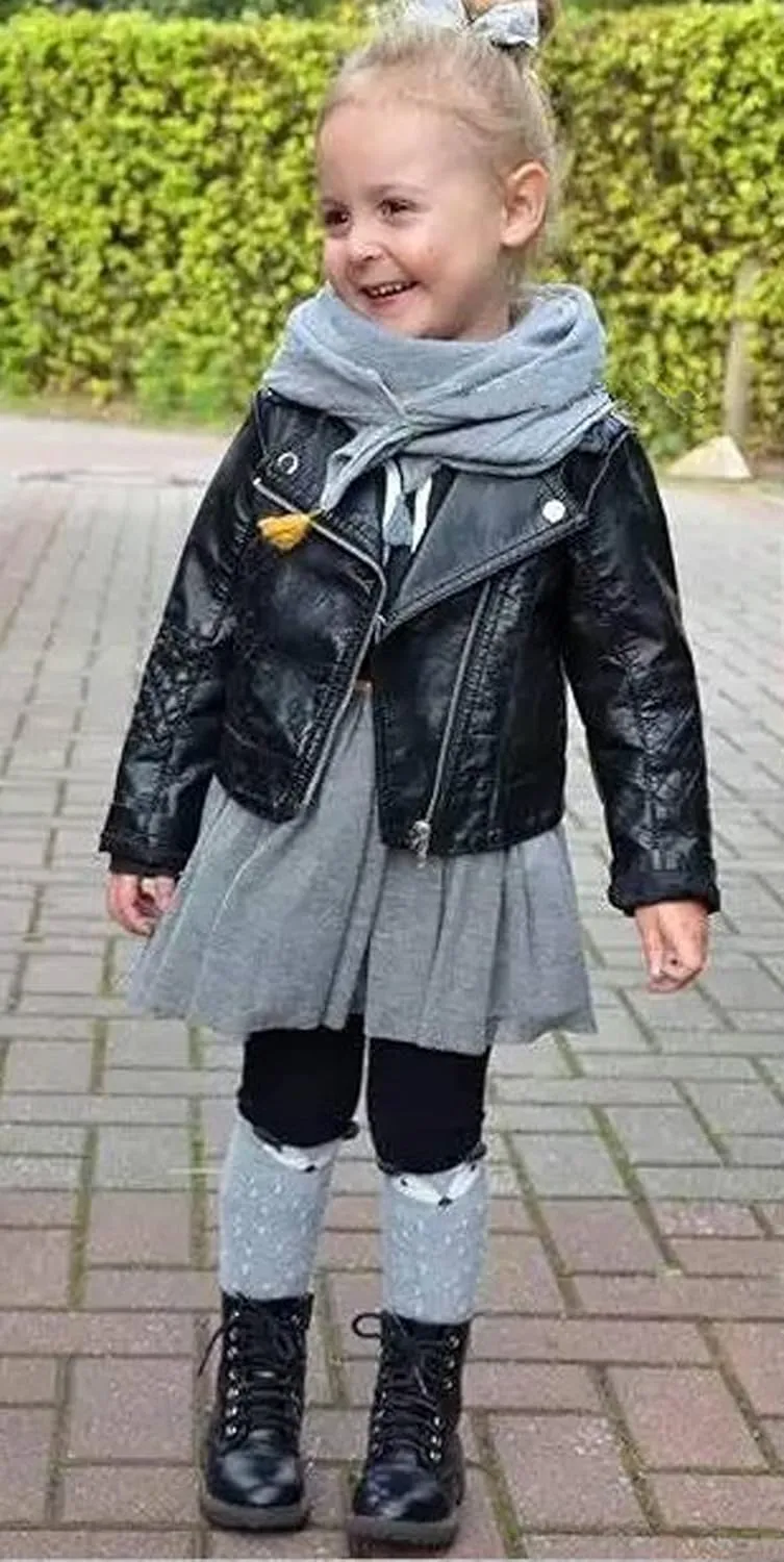 Toddler Baby Boy Girl PU Faux Leather Coat Cool Lapel Oblique Zipper Jackets Spring Fall Winter Outerwear