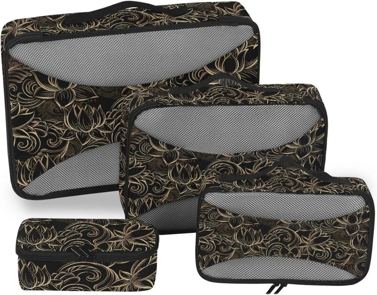 Travel Bags Organizer for Luggage 4 Set Suitcase Organizer Bags Suitcase Cubes for Packing Packing Cube Luxurious Gold Pattern Lotus Flowers
