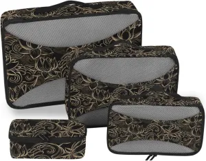 Travel Bags Organizer for Luggage 4 Set Suitcase Organizer Bags Suitcase Cubes for Packing Packing Cube Luxurious Gold Pattern Lotus Flowers
