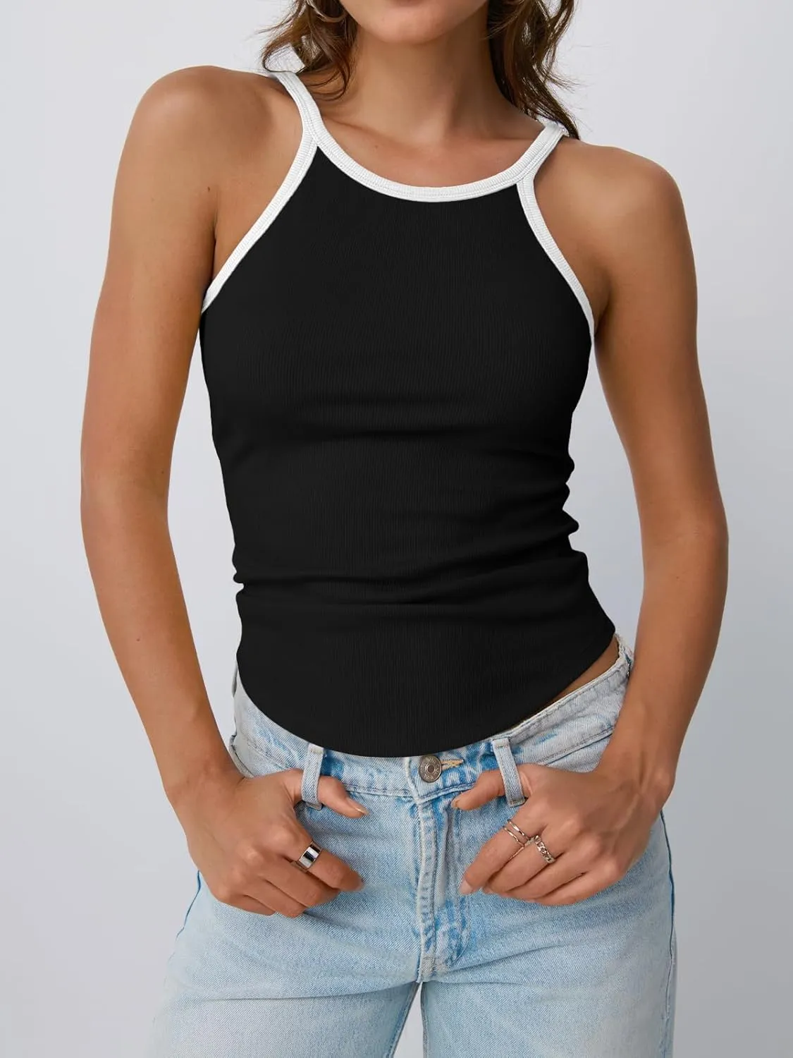 Trendy Queen Womens Tank Tops Sleeveless Spring Summer Cute Camisoles Going Out Top Spaghetti Strap Color Block Basics