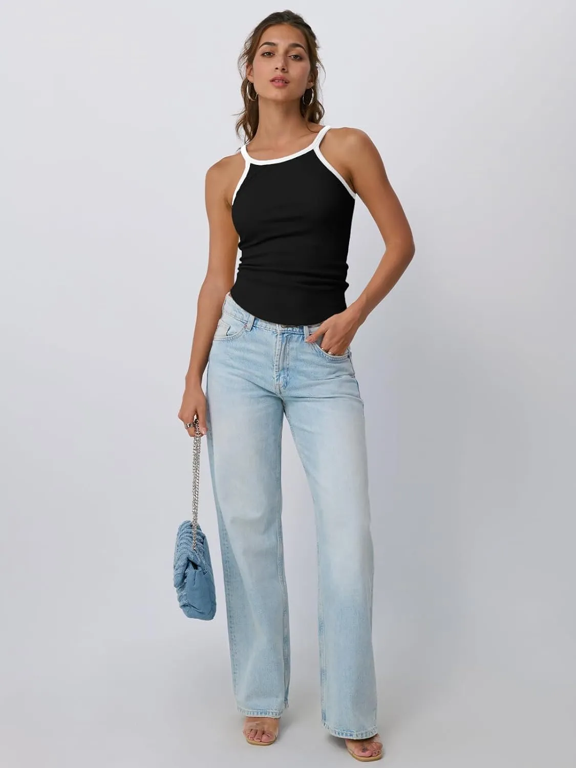 Trendy Queen Womens Tank Tops Sleeveless Spring Summer Cute Camisoles Going Out Top Spaghetti Strap Color Block Basics