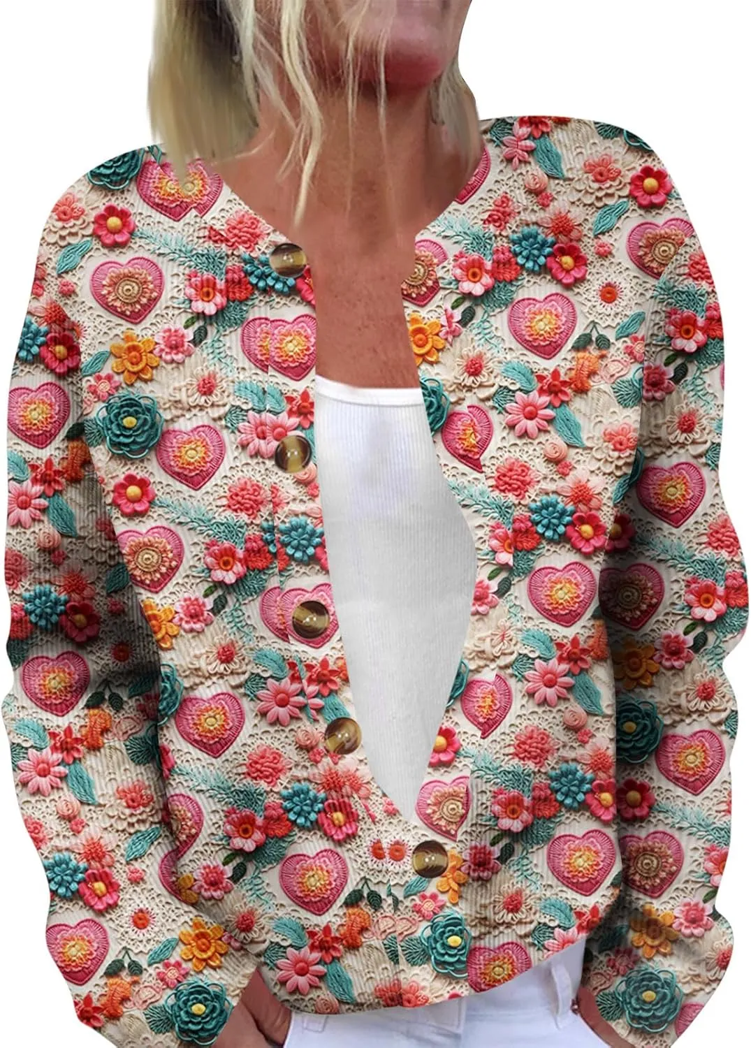 Valentines Sweater Women,Ladies' Fashion Long Sleeved Sweater Festival Valentine's Day Heart Printed Jacket Cardigan