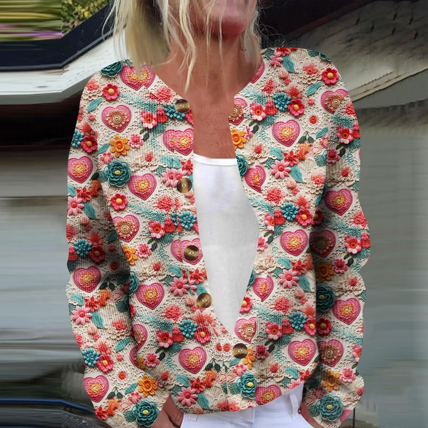 Valentines Sweater Women,Ladies' Fashion Long Sleeved Sweater Festival Valentine's Day Heart Printed Jacket Cardigan