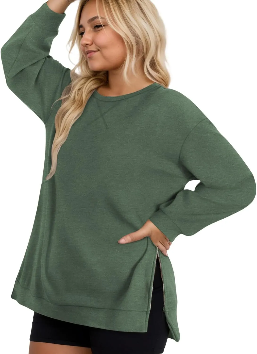 VISLILY Women's-Plus-Size-Oversized-Sweatshirts Trendy Zipper Side Slit Pullover Tops Casual Loose Long Sleeve Shirts XL-5XL