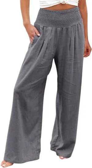 Wide Leg Linen Pants for Women Summer Elastic Waistband Palazzo Pants Flowy Casual Pants Loose Fit Cotton Linen Trousers
