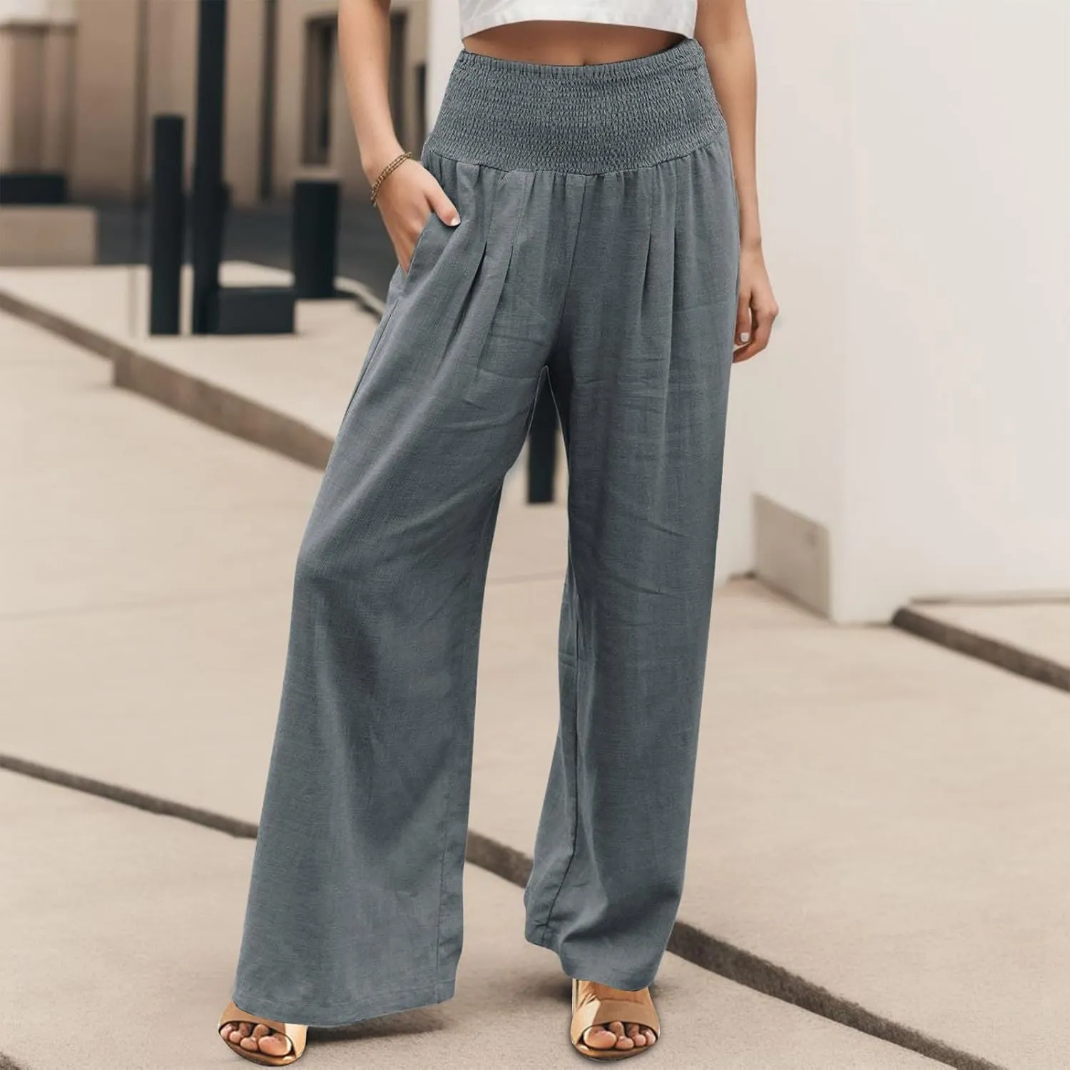 Wide Leg Linen Pants for Women Summer Elastic Waistband Palazzo Pants Flowy Casual Pants Loose Fit Cotton Linen Trousers