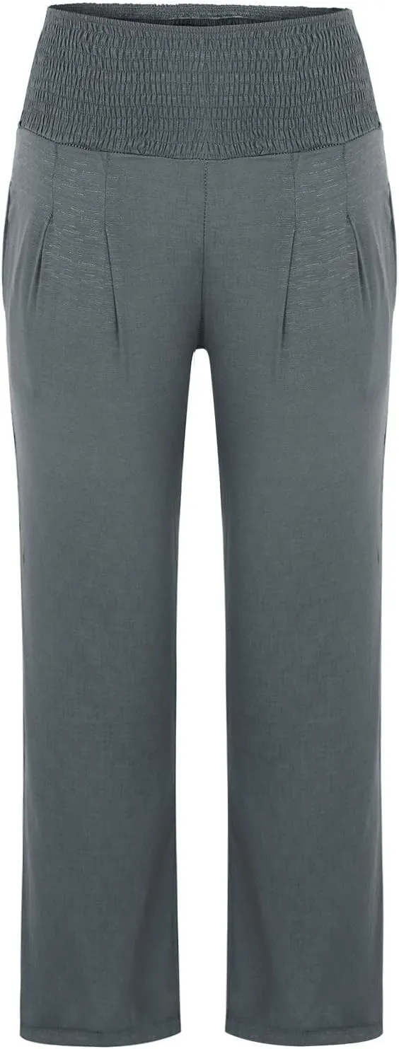 Wide Leg Linen Pants for Women Summer Elastic Waistband Palazzo Pants Flowy Casual Pants Loose Fit Cotton Linen Trousers
