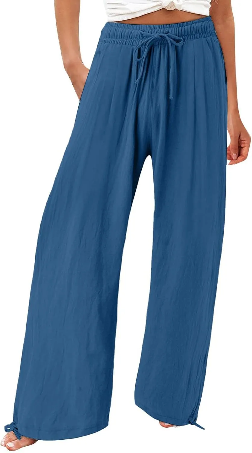 Wide Leg Pants for Woman Linen High Waisted Casual Flowy Baggy Drawstring Palazzo Trousers Pant Summer Vacation Wear