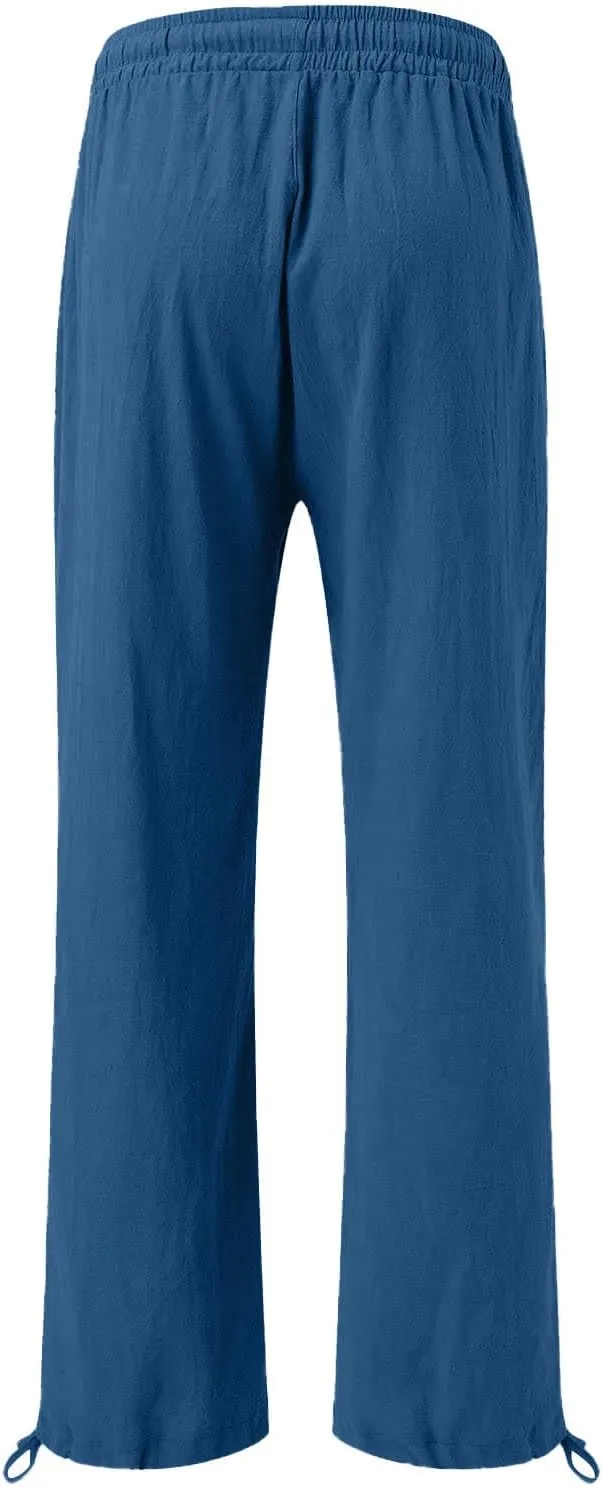 Wide Leg Pants for Woman Linen High Waisted Casual Flowy Baggy Drawstring Palazzo Trousers Pant Summer Vacation Wear