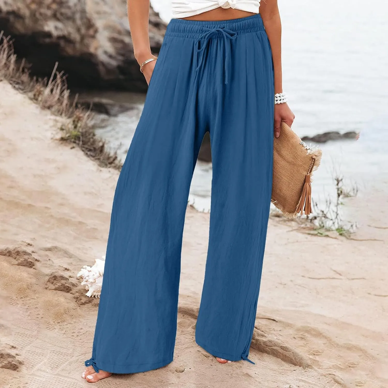 Wide Leg Pants for Woman Linen High Waisted Casual Flowy Baggy Drawstring Palazzo Trousers Pant Summer Vacation Wear
