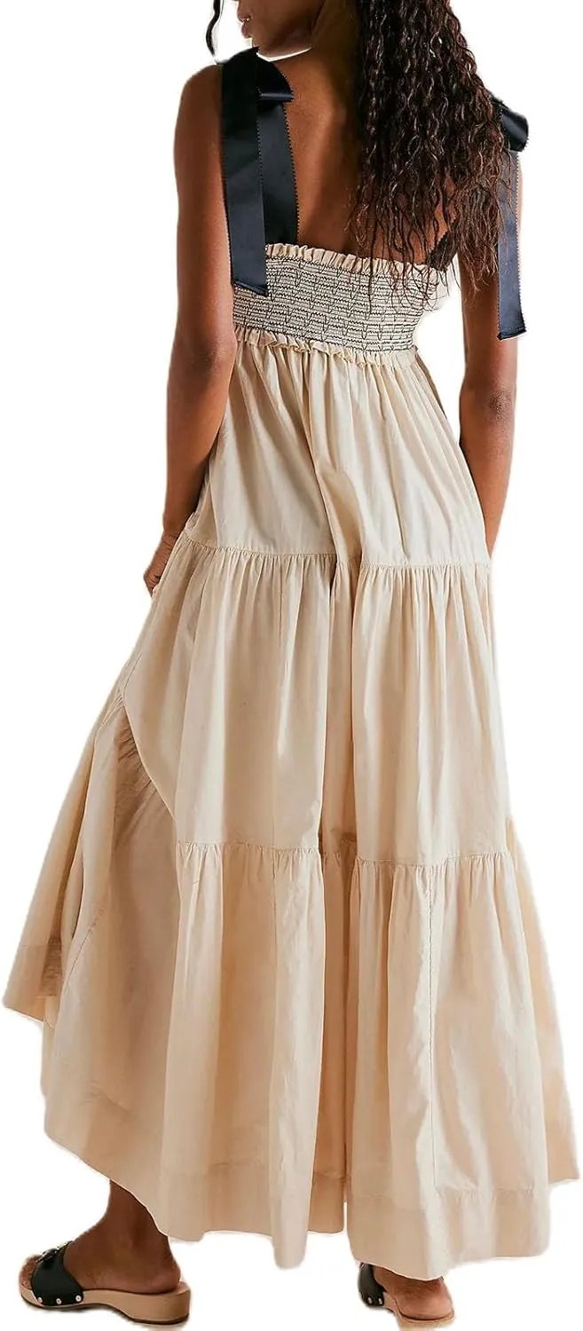 Women Boho Flowy Summer Dresses 2025 Smocked Tiered Beach Maxi Dress Strap Tie Off Shoulder Long Dress Sundresses